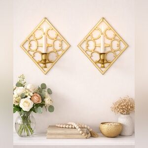 Pair of Vintage Hampton Brass Diamond Wall Candle Holders – Solid Brass Sconces